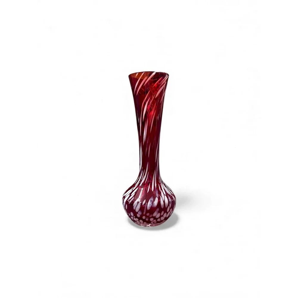 Hand Blown Red Swirl Glass Bud Vase Decorative Accent